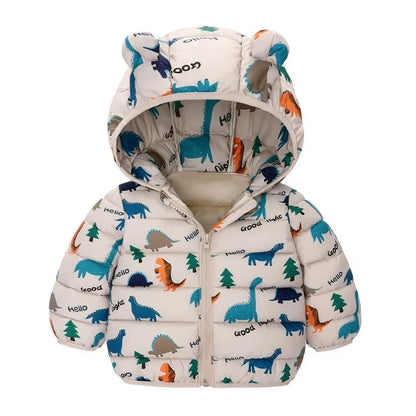 Kids Boy Lightweight Down Jacket Girl Baby Cartoon Dinosaur Outerwear Hooded Coat Autumn Winter Clothes Christmas Birthday Gifts