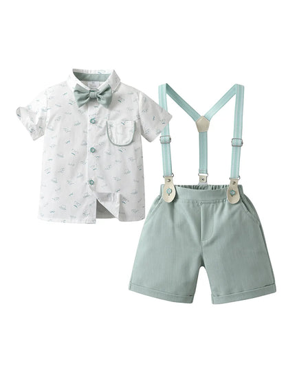 1-6Y Summer  Baby Boys Formal Costume Short Sleeve Bow Tie T-Shirt+Suspender Shorts Wedding Parties Festivals Gentleman Clothing