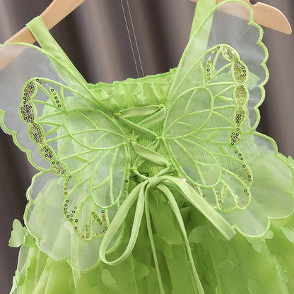 Fairy Girl Glitter Butterfly Wings Dress Summer New Kids Green Sling Princess Dresses Party Girls Costume