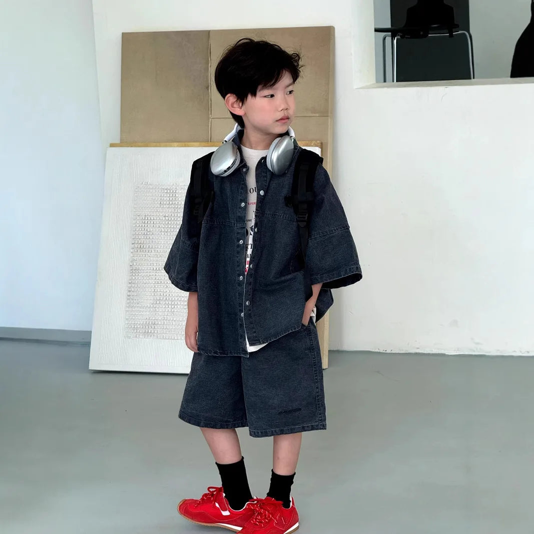 Boys' Summer Shirt Set 2025 New SummerSmall and Medium sized Children Boys' Summer Short sleeved Shirt Top