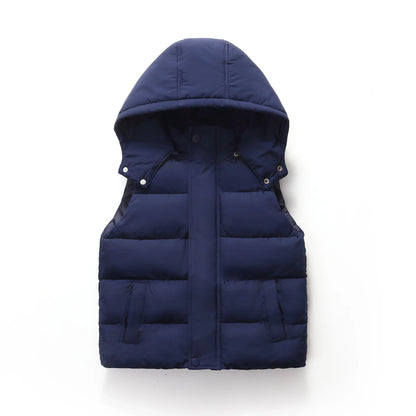 Winter Warm Baby and Girls Boys Cotton Lined Plain Hooded Zip Puff Vest Jackets Child Waistcoat School Kids Outfit Tops 3-12 Yr