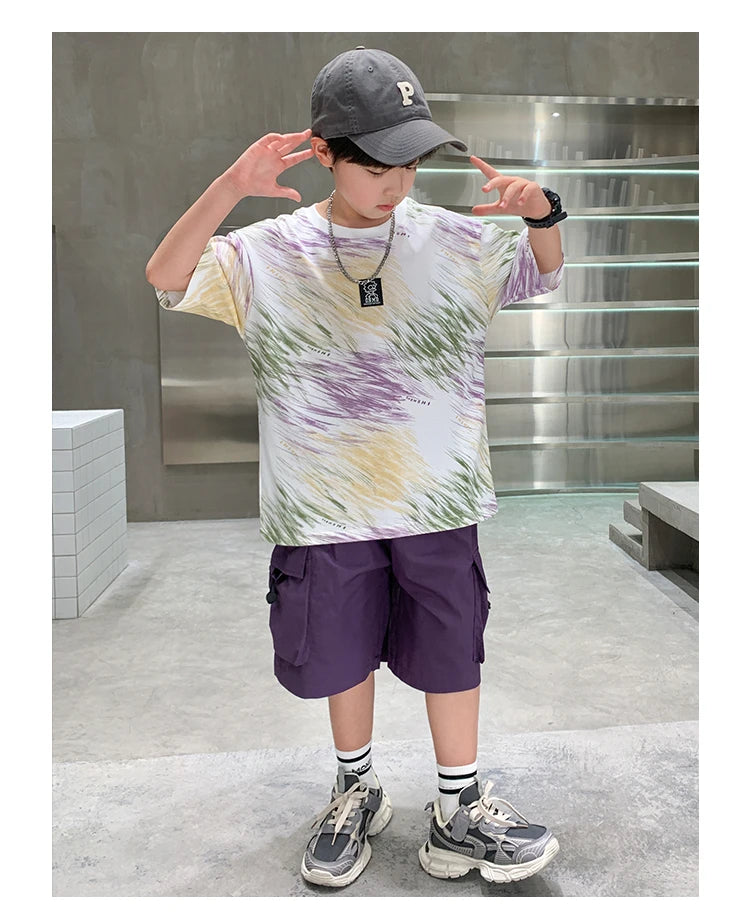 Summer  Boys Shorts Short Sleeve Shorts Handsome High Quality Leisure Sports Simple Two-piece Set.4-16year