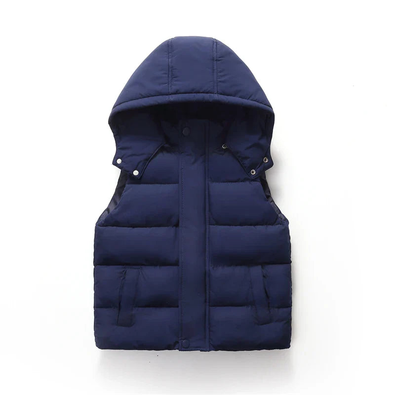 Winter Warm Baby and Girls Boys Cotton Lined Plain Hooded Zip Puff Vest Jackets Child Waistcoat School Kids Outfit Tops 3-12 Yr