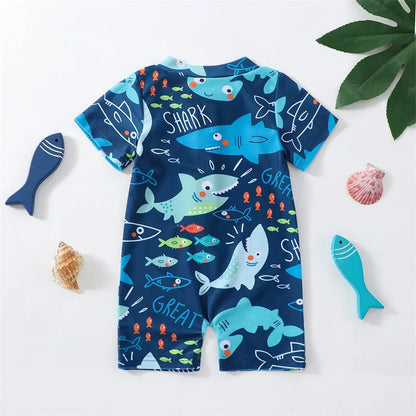 Baby Boys Summer Swimsuit Shark Printed Short Sleeve Zipper Jumpsuit Swimwear Children Casual Bathing Beachwear