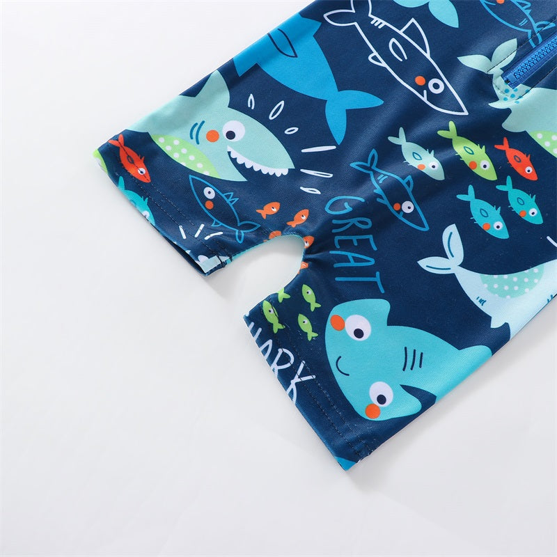 Baby Boys Summer Swimsuit Shark Printed Short Sleeve Zipper Jumpsuit Swimwear Children Casual Bathing Beachwear