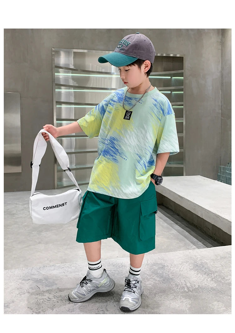 Summer  Boys Shorts Short Sleeve Shorts Handsome High Quality Leisure Sports Simple Two-piece Set.4-16year