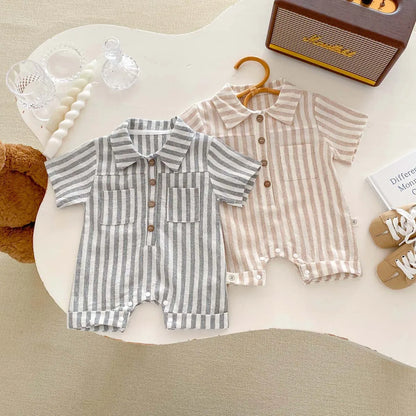 Baby Boys Rompers Striped Jumpsuits Turn Down Collar Toddler Boys Summer Clothing