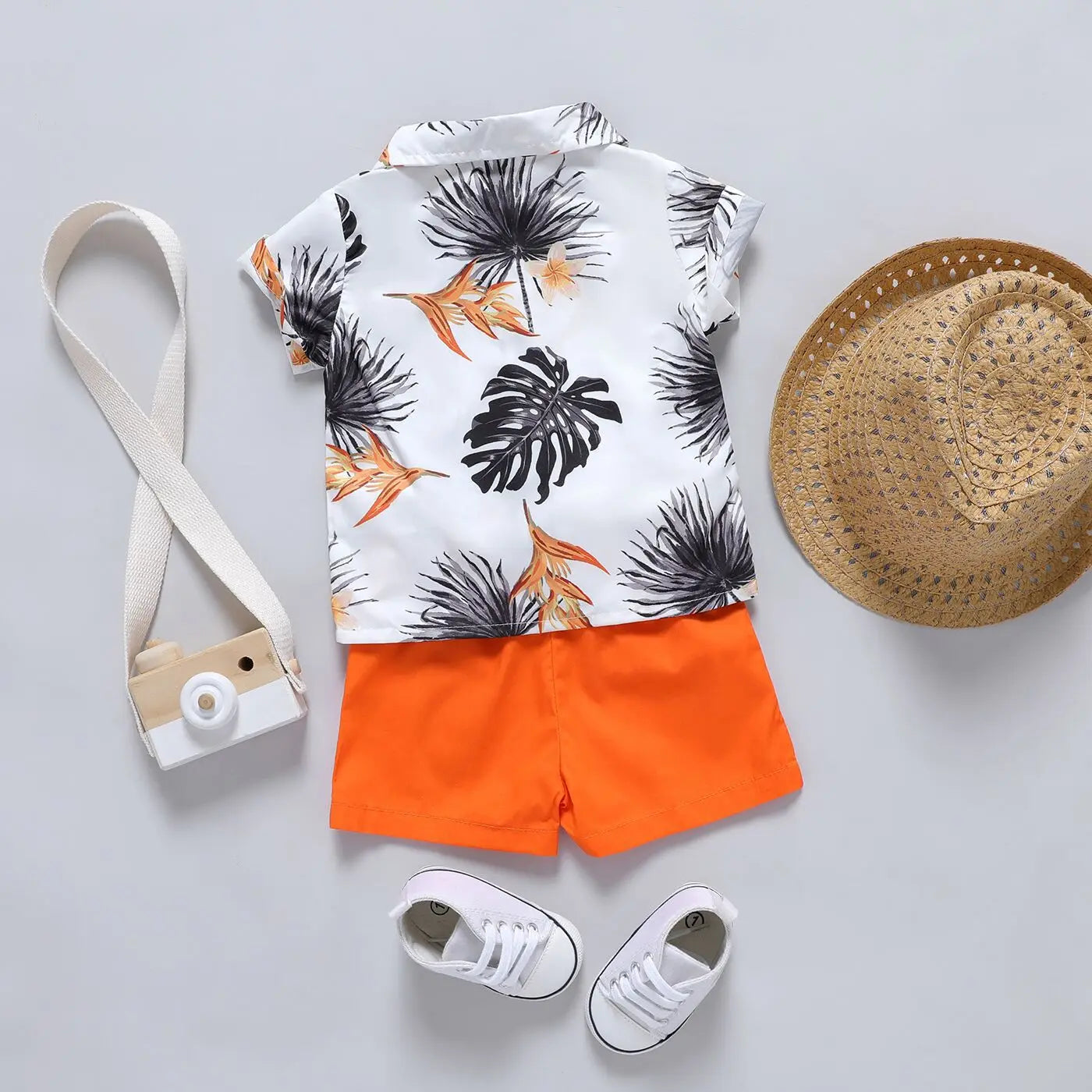 Infant and toddler boys summer printed collar single breasted top+shorts casual set