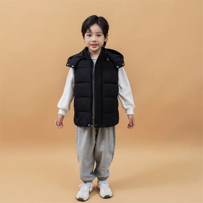 Winter Warm Baby and Girls Boys Cotton Lined Plain Hooded Zip Puff Vest Jackets Child Waistcoat School Kids Outfit Tops 3-12 Yr