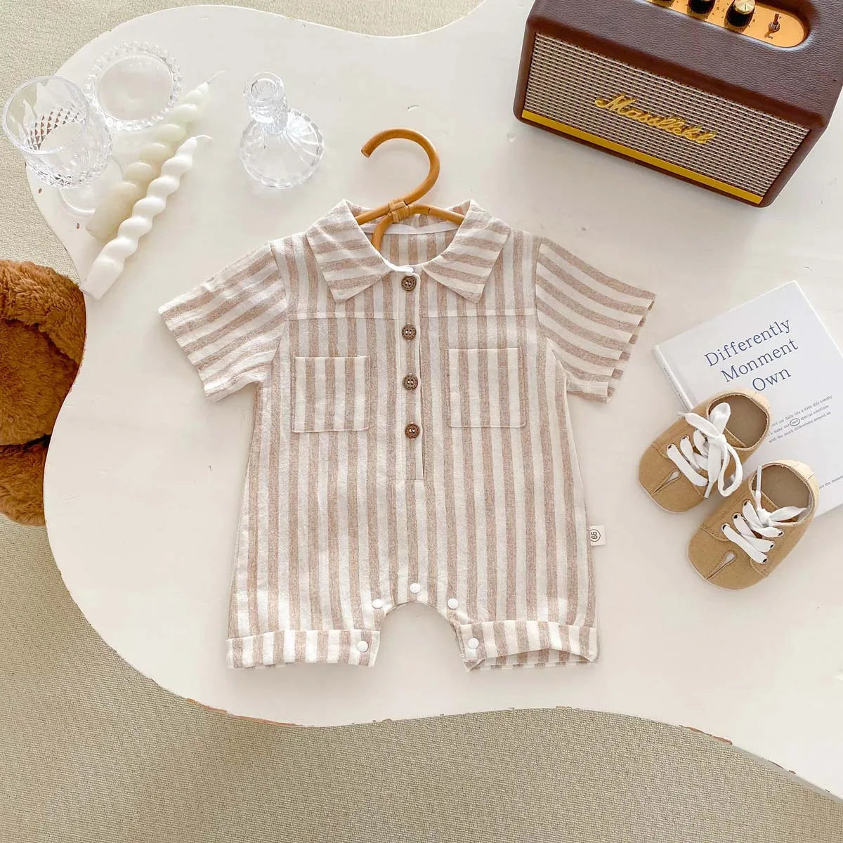 Baby Boys Rompers Striped Jumpsuits Turn Down Collar Toddler Boys Summer Clothing