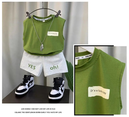 2025 New Boys Baby Girl Summer Vest Set Summer Sleeveless Fashion Boys' and Children's Handsome Two Piece Set