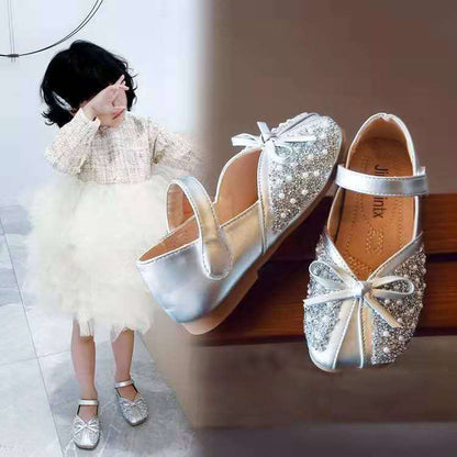 Spring Autumn New Soft Bottom Rhinestone Bow Leather Children Shoes Slip Girls Shoes for Kids Flats