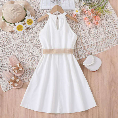 summer new girl's halter dress solid color cute long dress teenage big girls clothes with belt fashion kids clothes