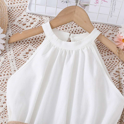 summer new girl's halter dress solid color cute long dress teenage big girls clothes with belt fashion kids clothes