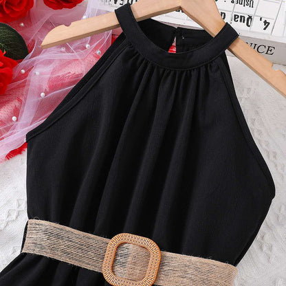 summer new girl's halter dress solid color cute long dress teenage big girls clothes with belt fashion kids clothes