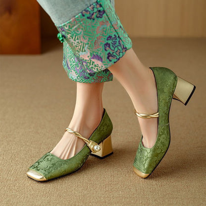 Chinese Style French Entry Lux Embossed Silk Kitten Heels Matching Square Head With Thick