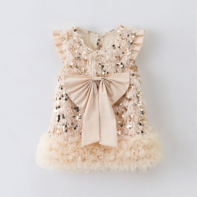 Girls' Wadding Sequined Bow Vest Dress