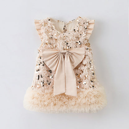 Girls' Wadding Sequined Bow Vest Dress