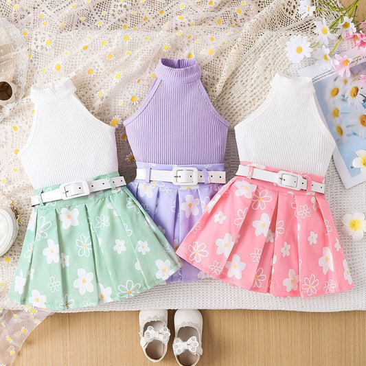 Girls' Pit Striped Halter Sleeveless Top Printed Pleated Skirt Belted Suit