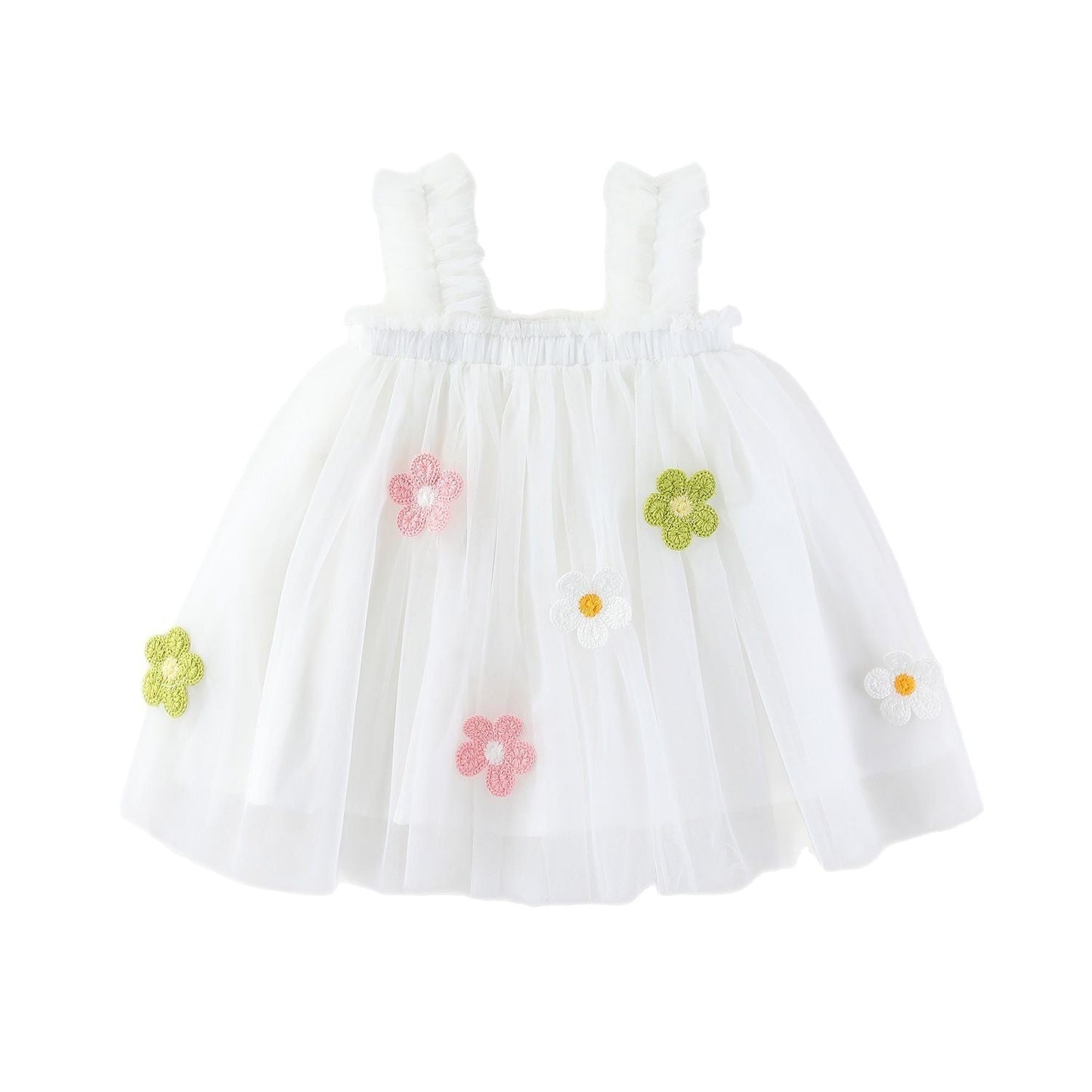 Girls Spaghetti Straps Chest Wrap Flower Embroidery Mesh Dress
