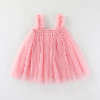 Girls Spaghetti Straps Chest Wrap Flower Embroidery Mesh Dress