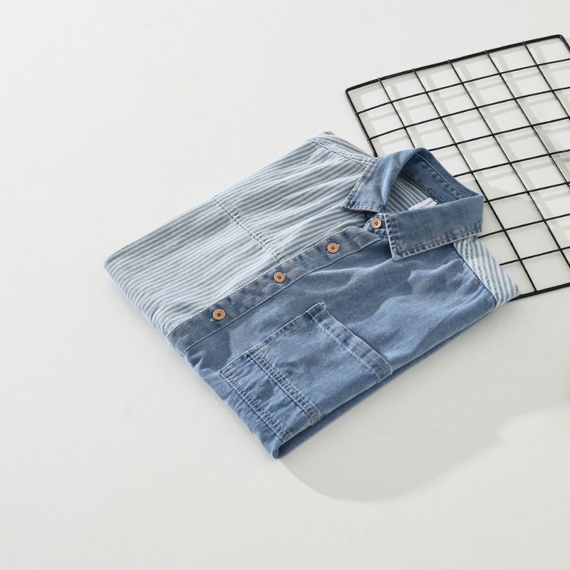 Design Sense Color Contrast Patchwork Striped Denim Short Sleeve Shirt