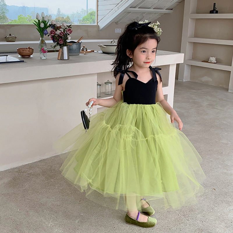 Girls' Casual Bow Suspender Mesh Dress