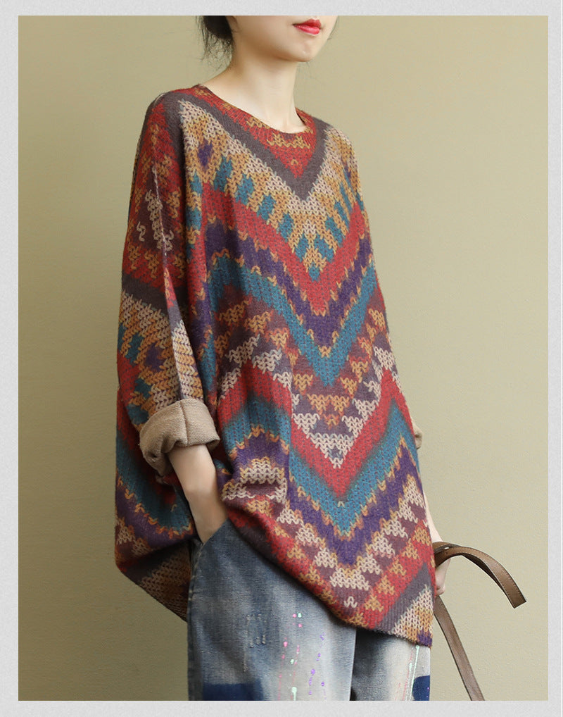 Autumn New Large Size Loose Artistic Retro Long Sleeve Striped All-matching Casual Printed Sweater Top Women's Clothing