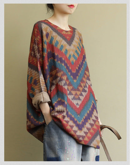 Autumn New Large Size Loose Artistic Retro Long Sleeve Striped All-matching Casual Printed Sweater Top Women's Clothing