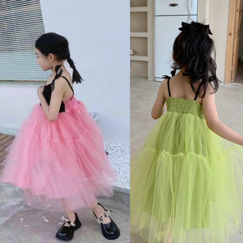 Girls' Casual Bow Suspender Mesh Dress
