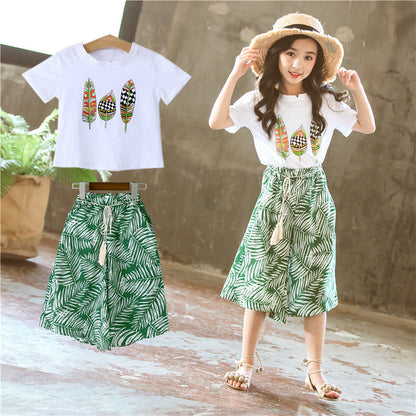 Korean Style Leaf Printed Wide-leg Pants Two-piece Set