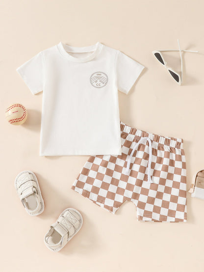 Summer Boys' And Kids' Popular Short Top Plaid Shorts Two-piece Set