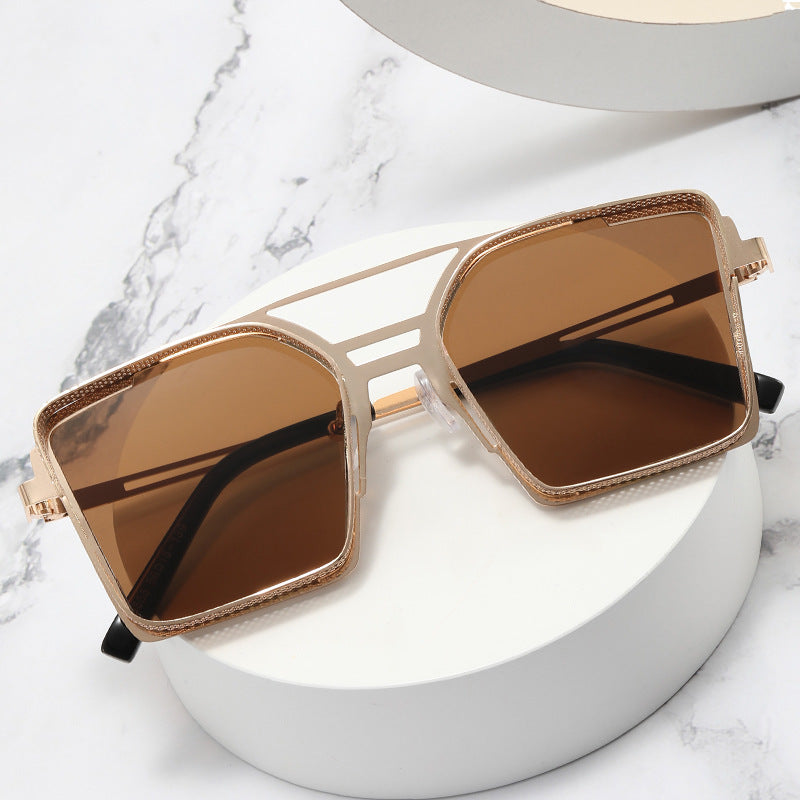 Steam Punk Sunglasses Men's Metal Hollow Square Frame Sunglasses Tide Double Beam Glasses