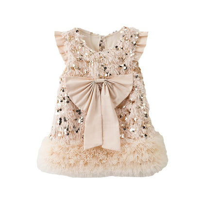Girls' Wadding Sequined Bow Vest Dress