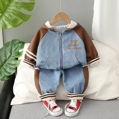 Baby Clothes Autumn New Handsome Boys' Patchwork Contrast Color Jacket Two-piece Set 0-5 Years Old Men's Treasure Set