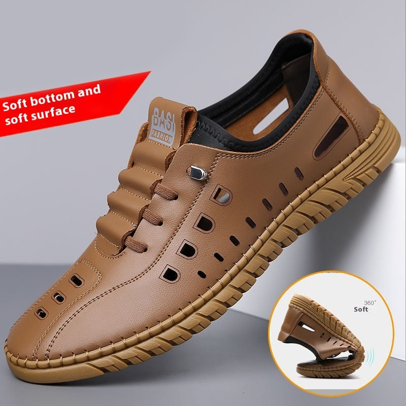 Hollow Breathable White Shoes Hole Shoes Soft Bottom Men Slip-on Leather Sandals