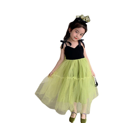 Girls' Casual Bow Suspender Mesh Dress