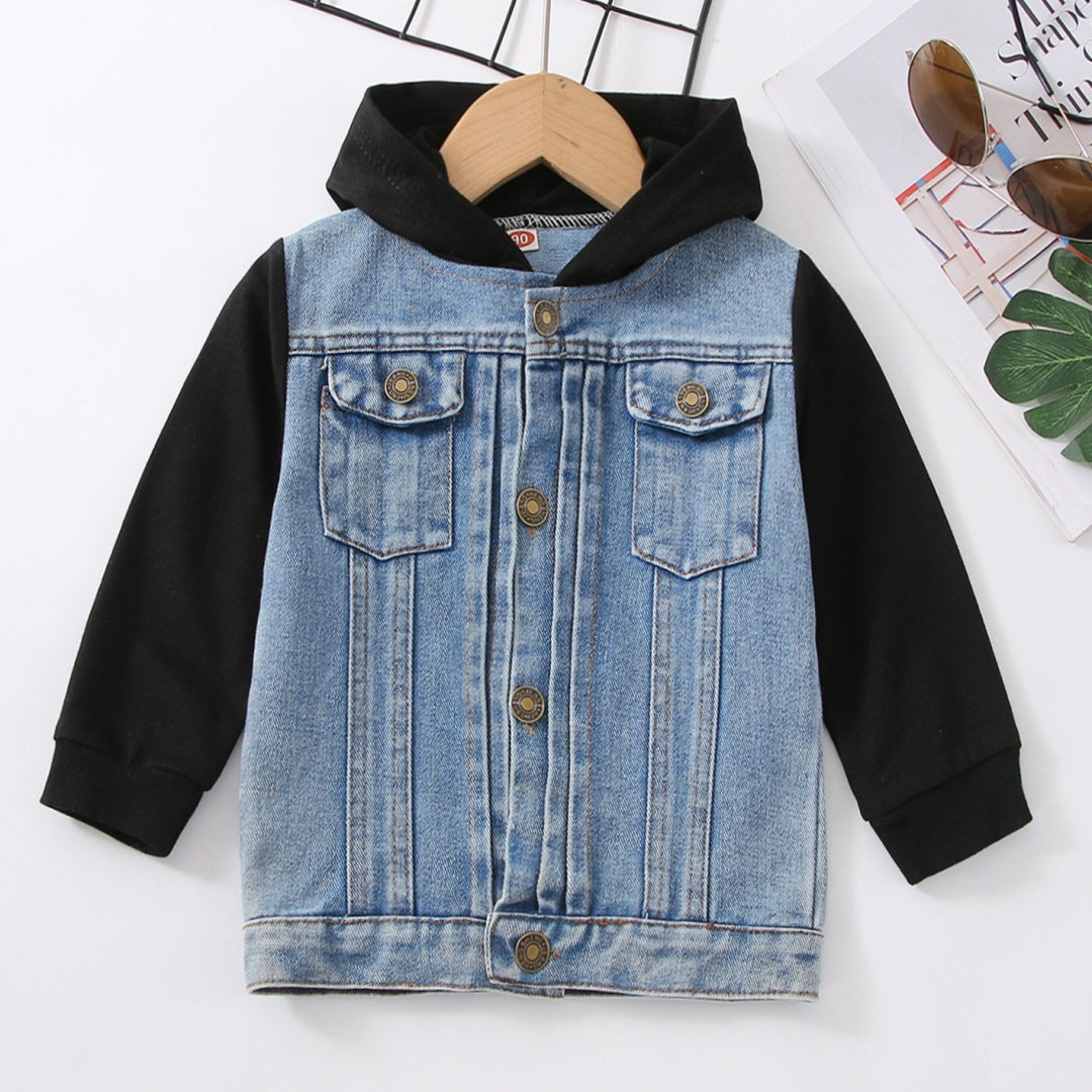 European And American Boy Hooded Raglan Denim Coat