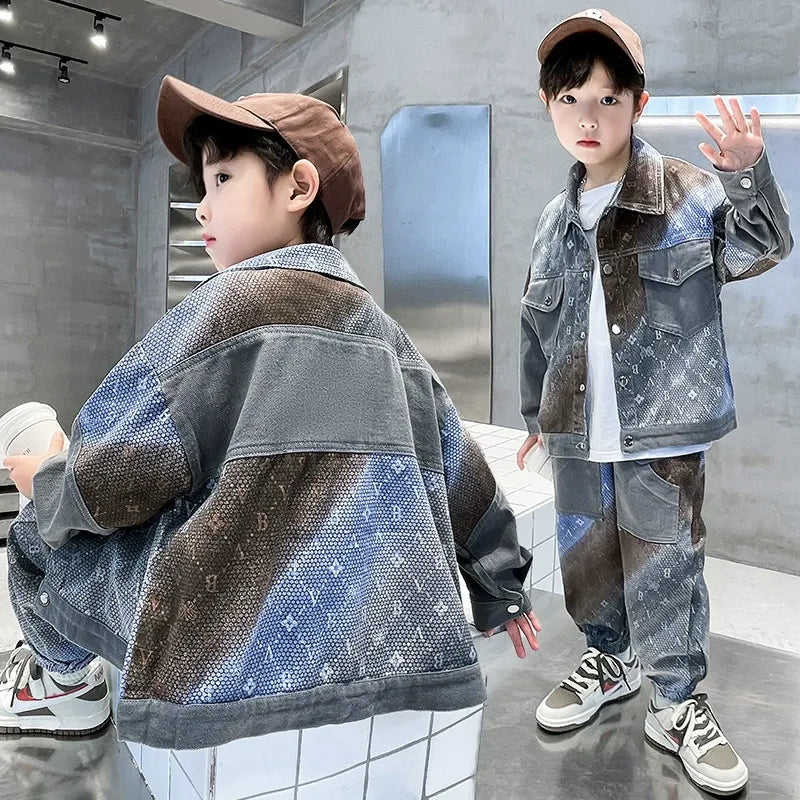 New style medium and large children's handsome street boy style denim two-piece suit