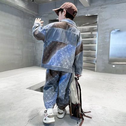 New style medium and large children's handsome street boy style denim two-piece suit