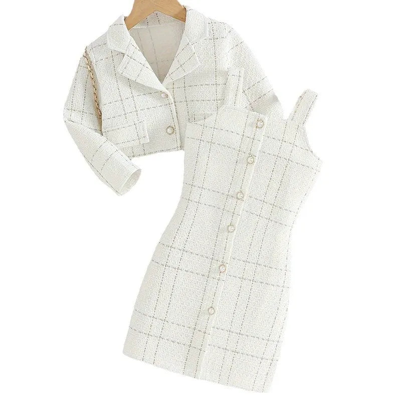European style Chanel style girls suspender suit lapel long-sleeved coat plaid children's autumn French two-piece dress