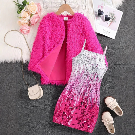 Girls solid color faux fur coat + sequined shiny suspender dress