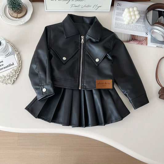Girls autumn pu leather suit little girl Korean style fashionable motorcycle suit children's leather jacket pleated skirt two-piece suit