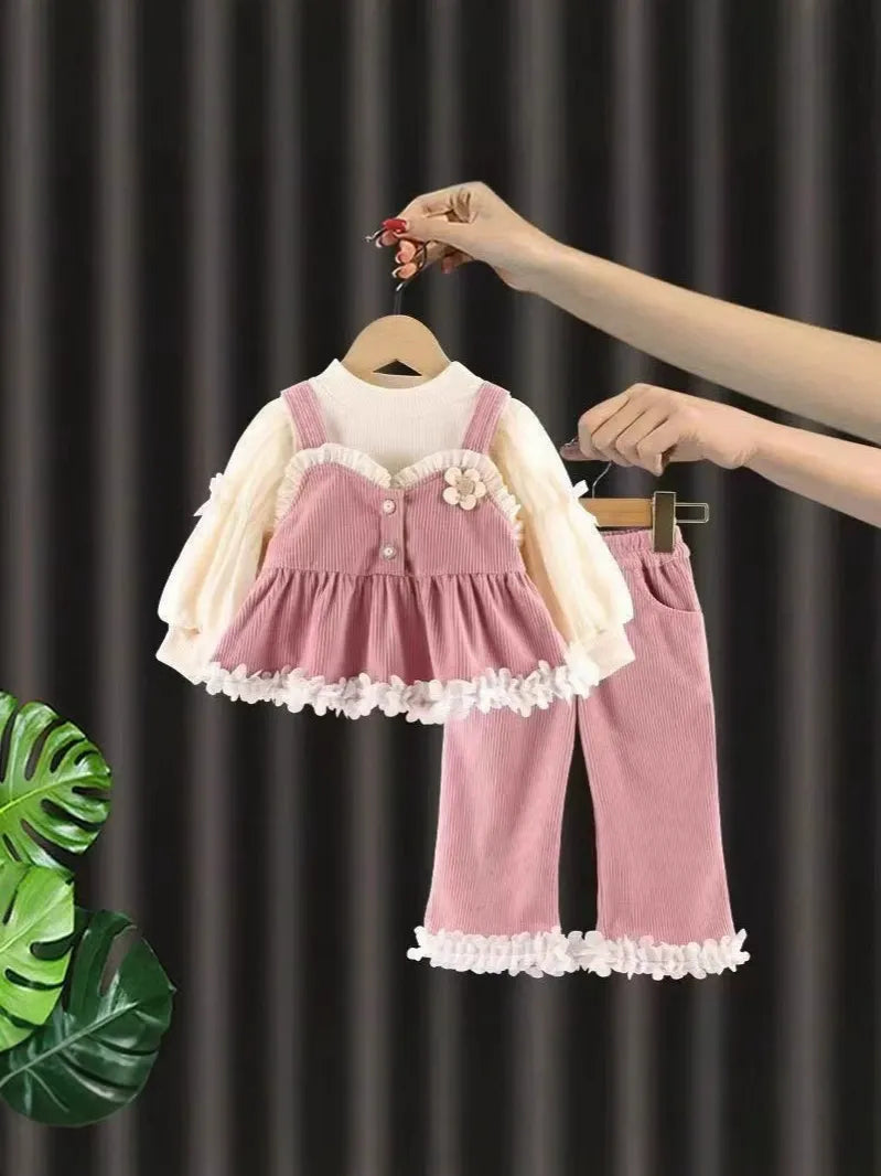 Girls Spring and Autumn Suit 2025 New Children's Girl Clothes Casual Pants Three-piece Set Baby Princess Suspender Dress
