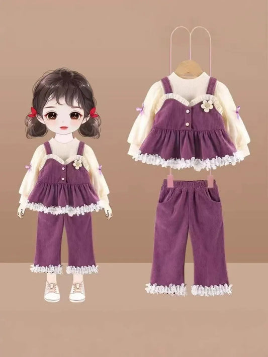Girls Spring and Autumn Suit 2025 New Children's Girl Clothes Casual Pants Three-piece Set Baby Princess Suspender Dress