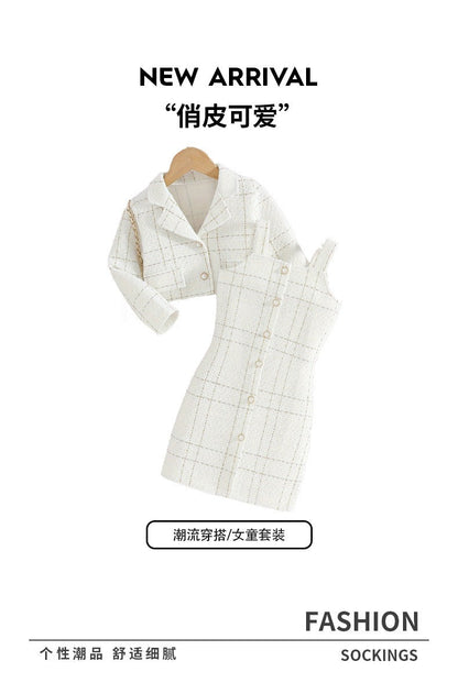 European style Chanel style girls suspender suit lapel long-sleeved coat plaid children's autumn French two-piece dress