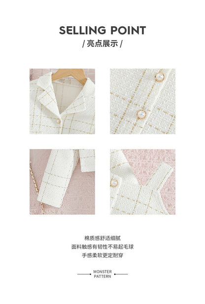 European style Chanel style girls suspender suit lapel long-sleeved coat plaid children's autumn French two-piece dress