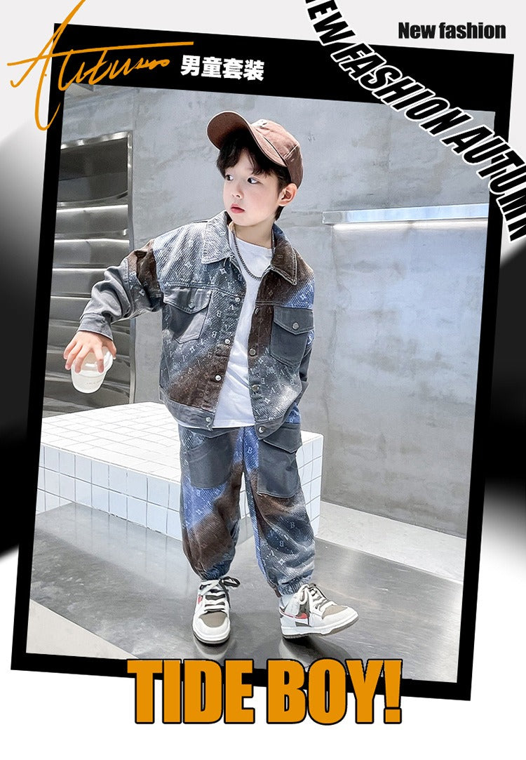 New style medium and large children's handsome street boy style denim two-piece suit