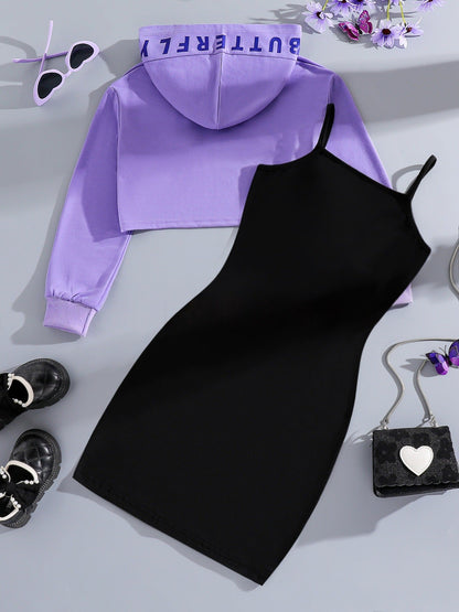 Girls long-sleeved short blouse sweatshirt suspender dress set