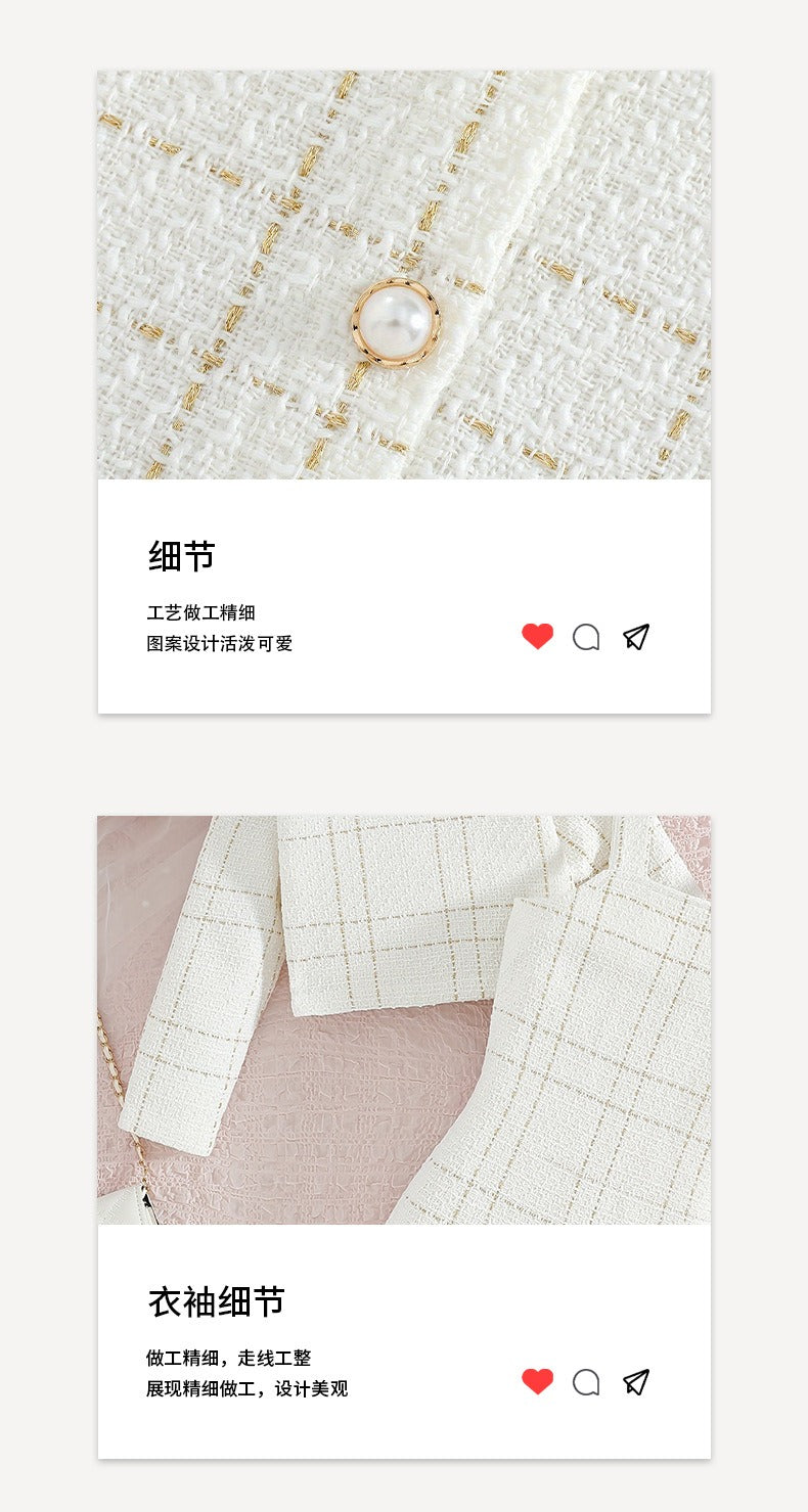 European style Chanel style girls suspender suit lapel long-sleeved coat plaid children's autumn French two-piece dress